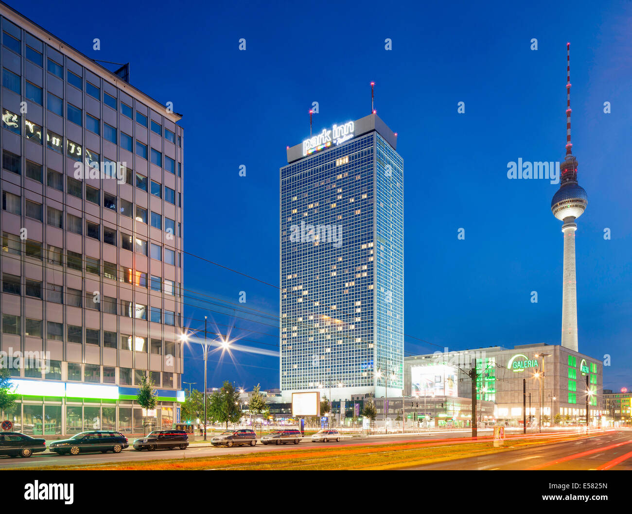 Former Inter Hotel, later Forum Hotel and Park Inn by Radisson, TV Tower, Alexanderplatz square, Mitte district, Berlin, Germany Stock Photo