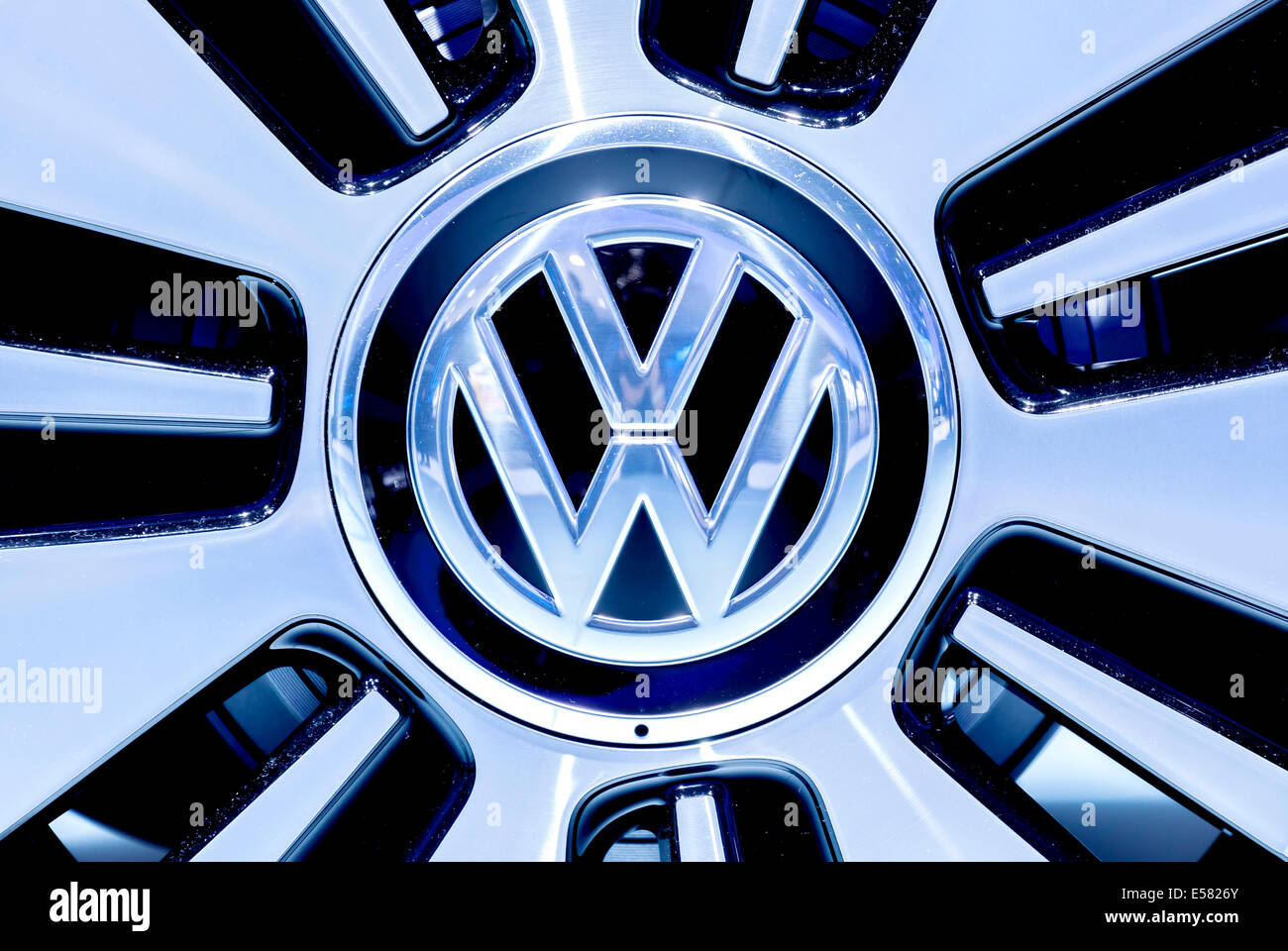 VW logo, Volkswagen AG, on a car rim, 65th International Motor Show IAA 2013, Frankfurt am Main, Hesse, Germany Stock Photo