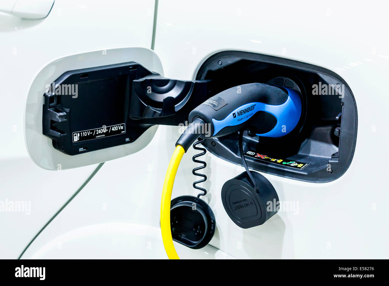 Charging with a 230-volt charger, gun, electric car Mercedes-Benz B-Class electric drive, 65th International Motor Show IAA 2013 Stock Photo