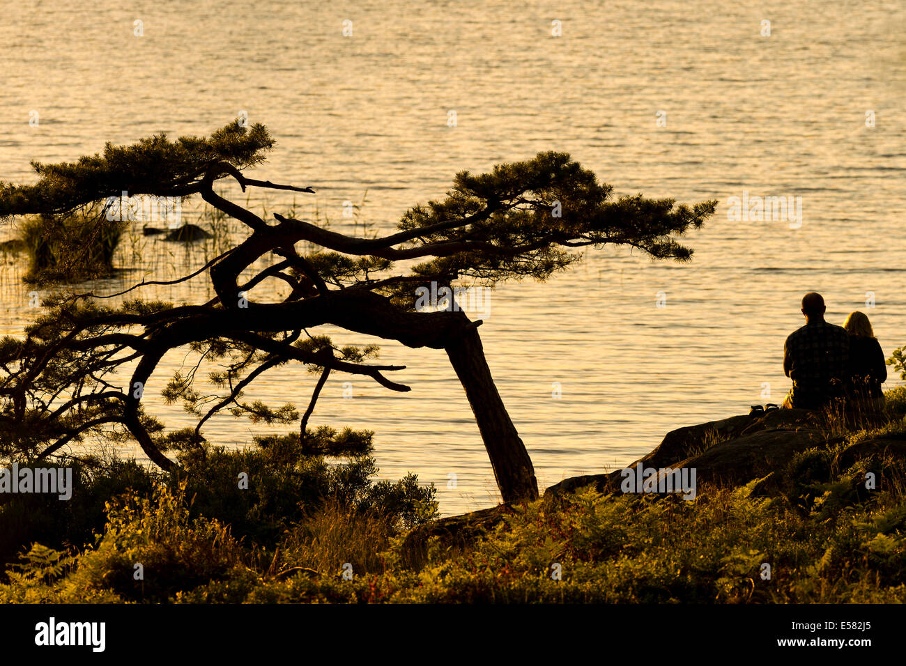 Couple sitting at the lakeside, evening mood, Lake Åsnen, Smaland, Sweden Stock Photo