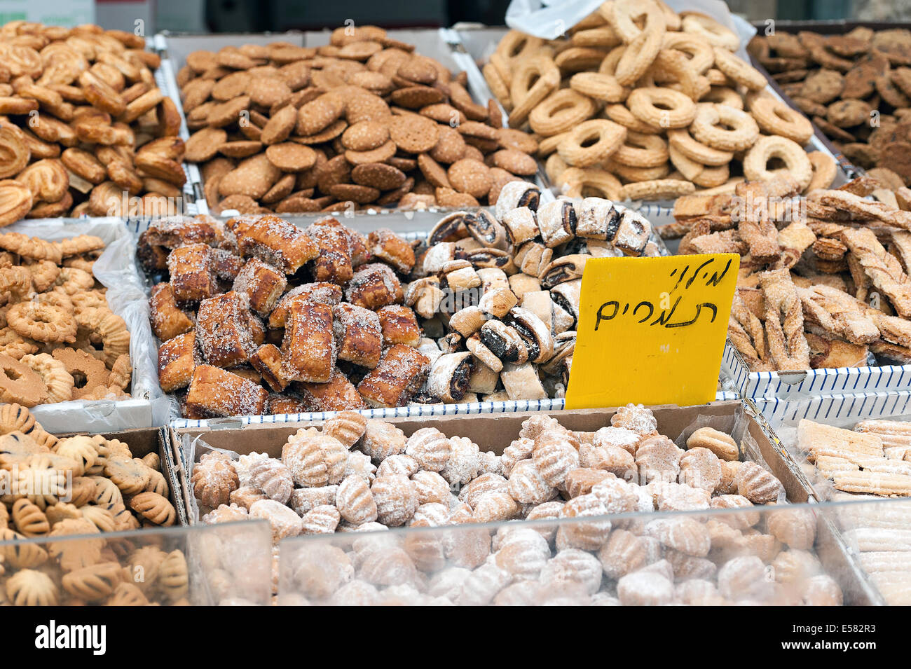 Assortments of pastries and cookies for sale at Machane Yehuda market, Jerusalem, Israel Stock Photo