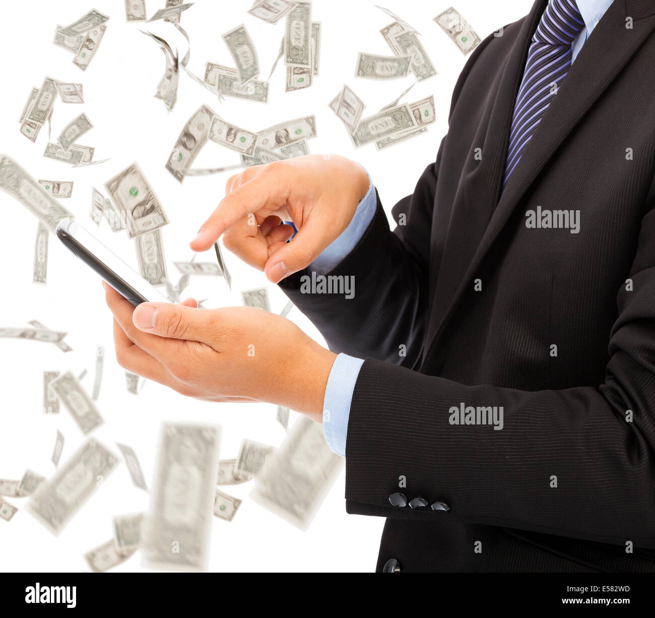 business man touching smart phone with money rain background Stock Photo