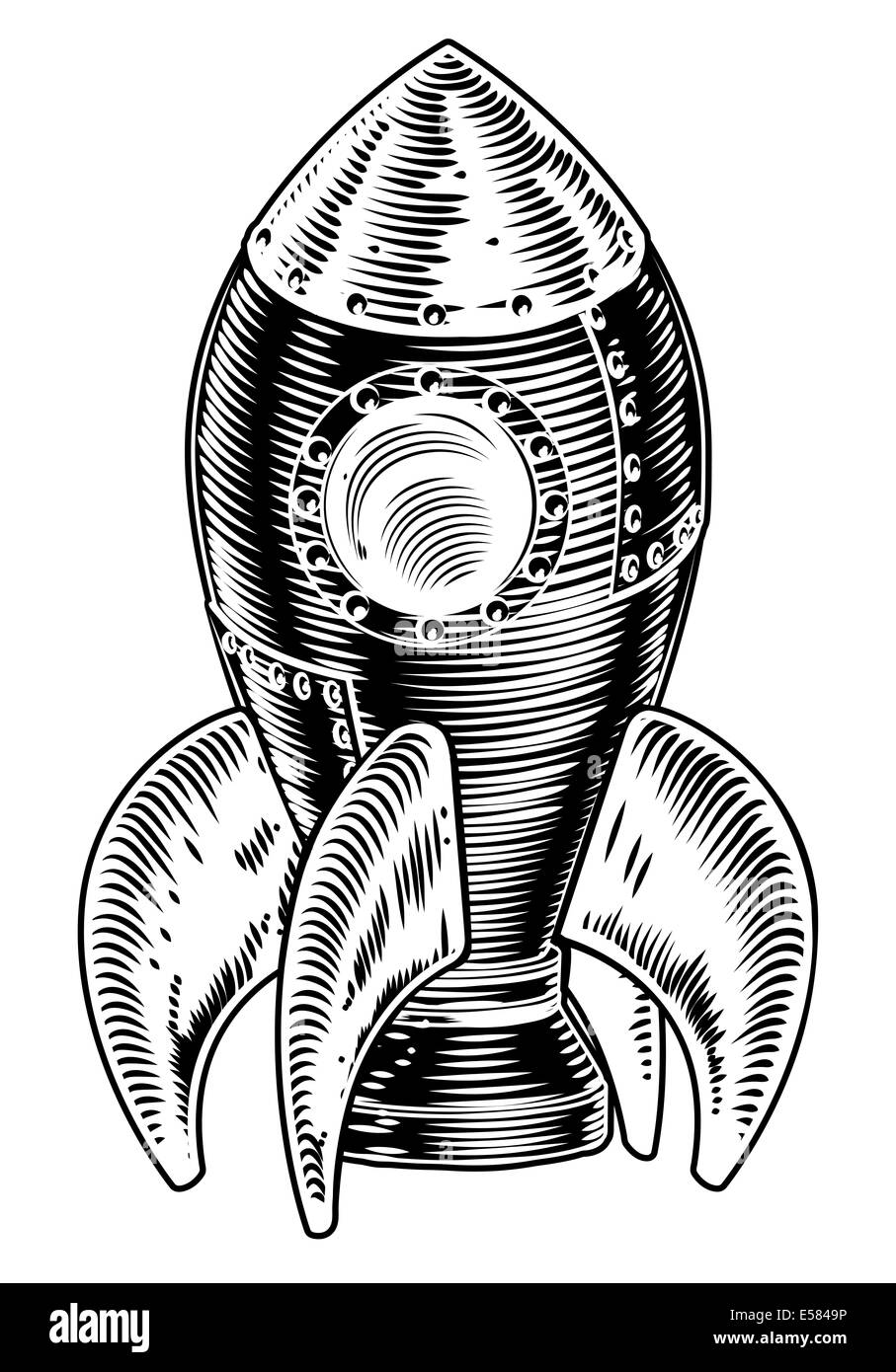 Rocket ship illustration of a space ship in a vintage woodcut style Stock Photo