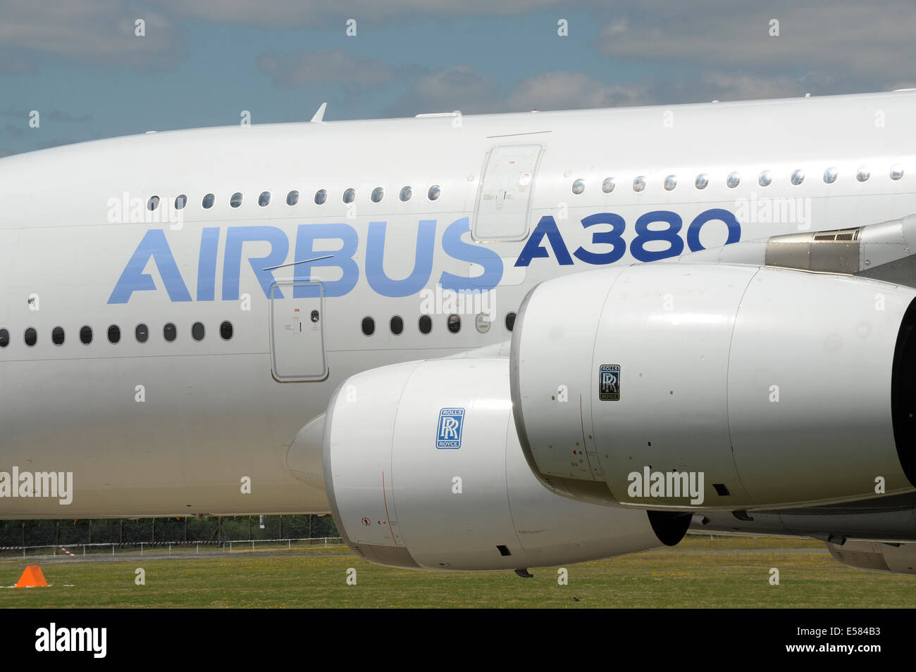 Airbus A380 engines and fuselage detail Stock Photo