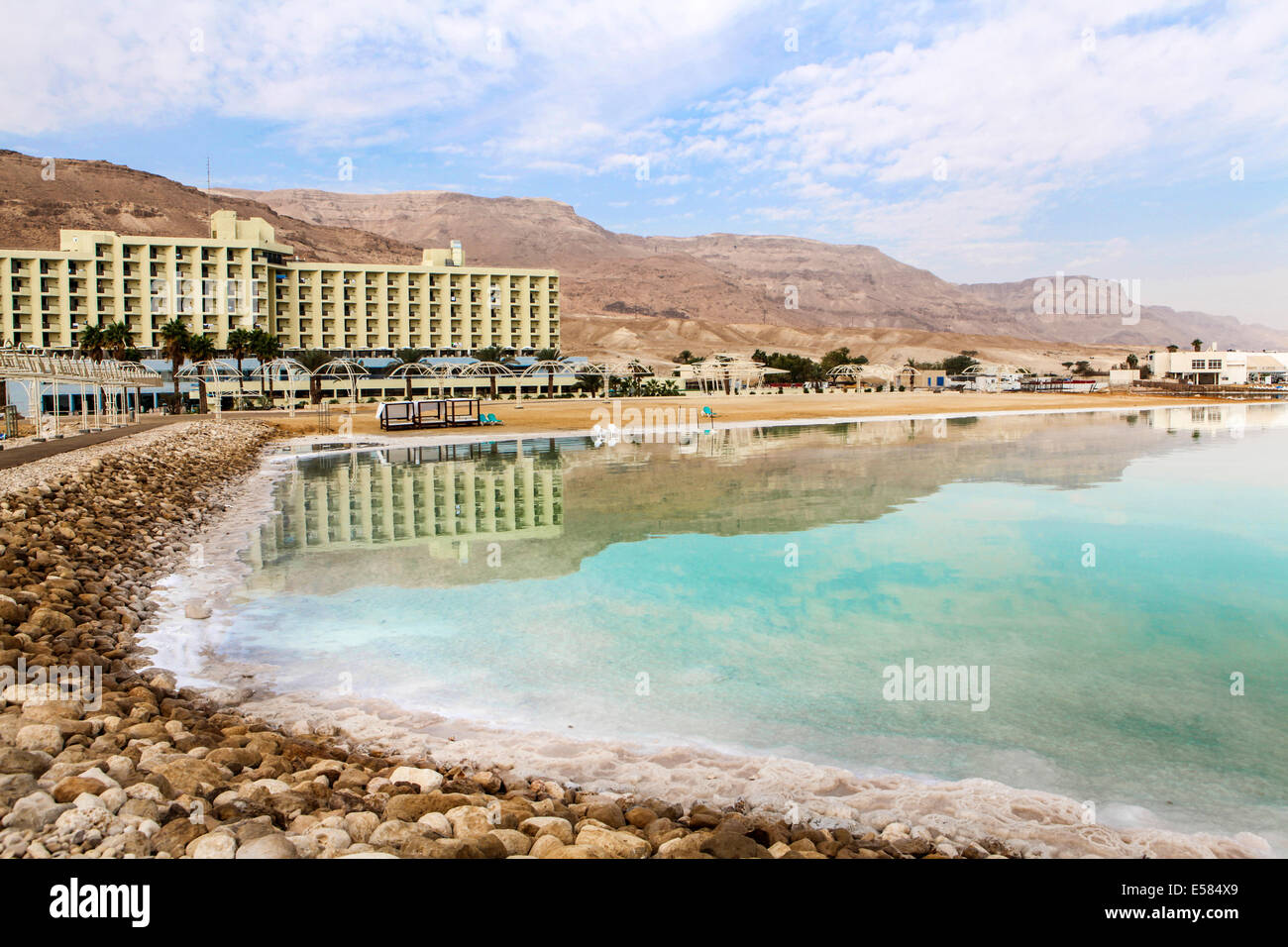 A tourist beach on the shore of the Dead Sea, Israel Stock Photo