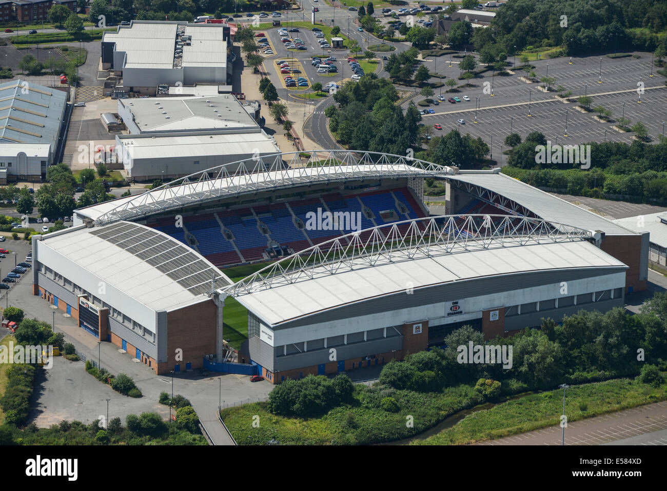 A close-up aerial view of the DW Stadium in Wigan, home of Wigan Athletic Stock Photo