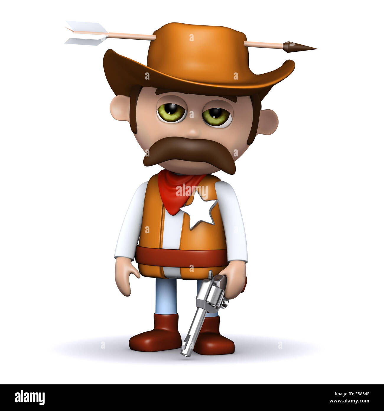 3d render of a cowboy sheriff with an arrow in his ten gallon hat Stock Photo