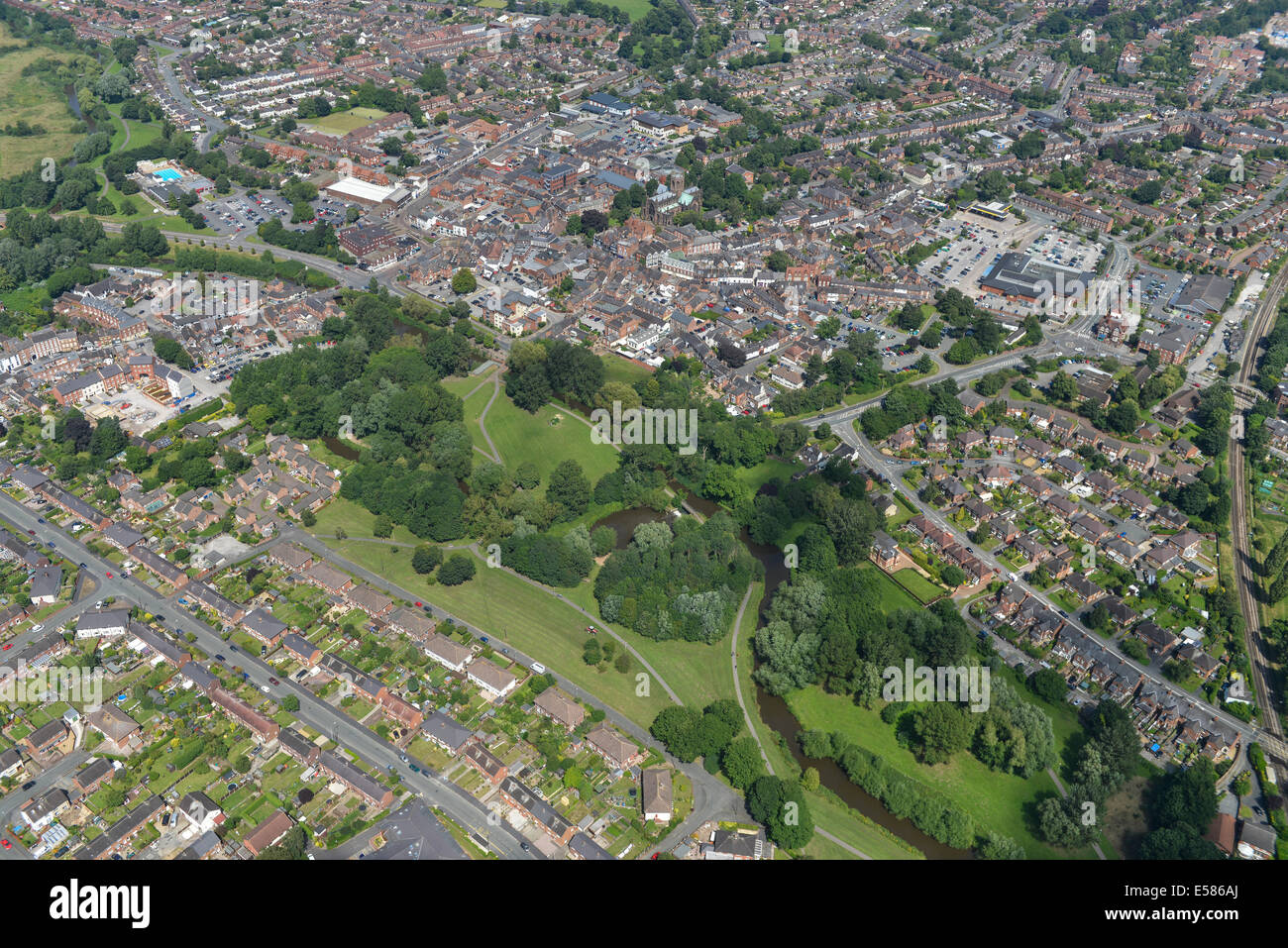 An aerial image showing the town centre of Nantwich in Cheshire, UK Stock Photo