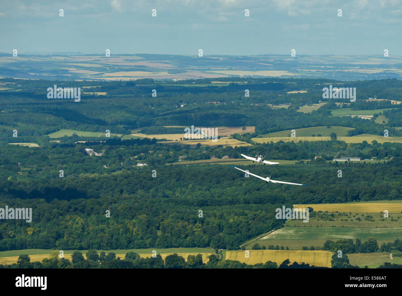 An aerial view of a Glider being towed into the air near Booker Airfield Stock Photo