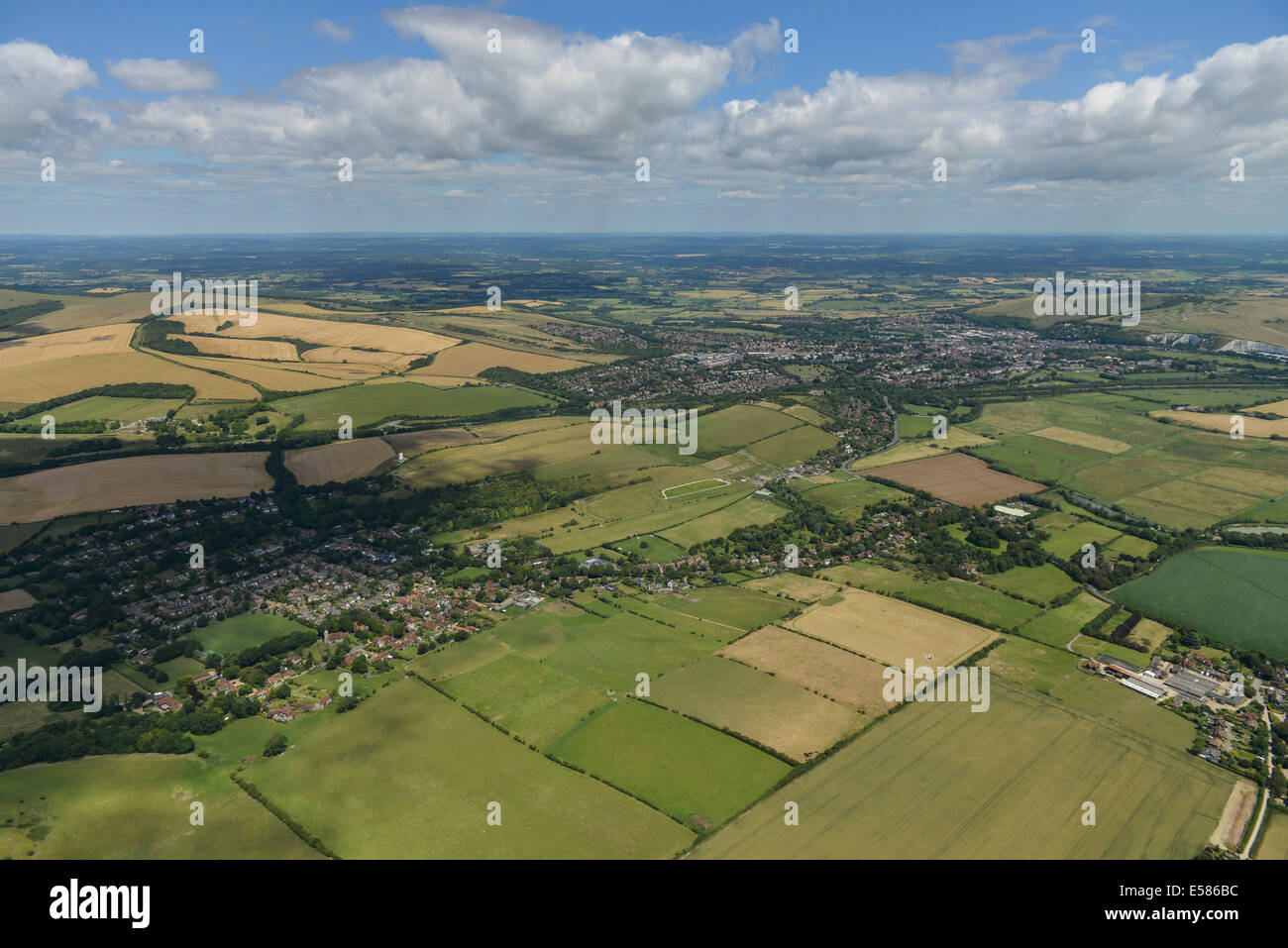 An aerial view showing the East Sussex countryside with Kingston near Lewes in the foreground. Stock Photo