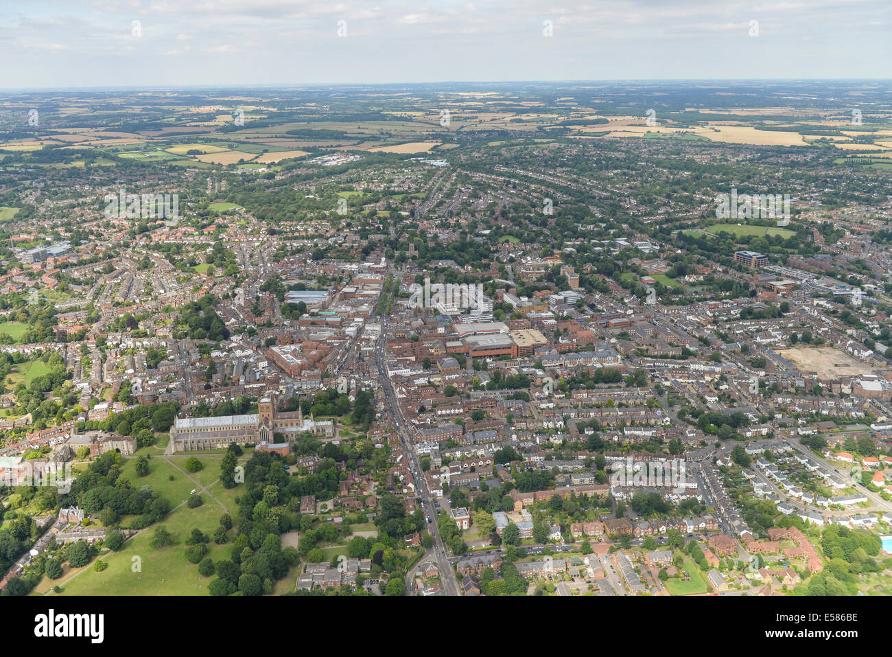 An aerial view of St Albans from the south with the Cathedral and