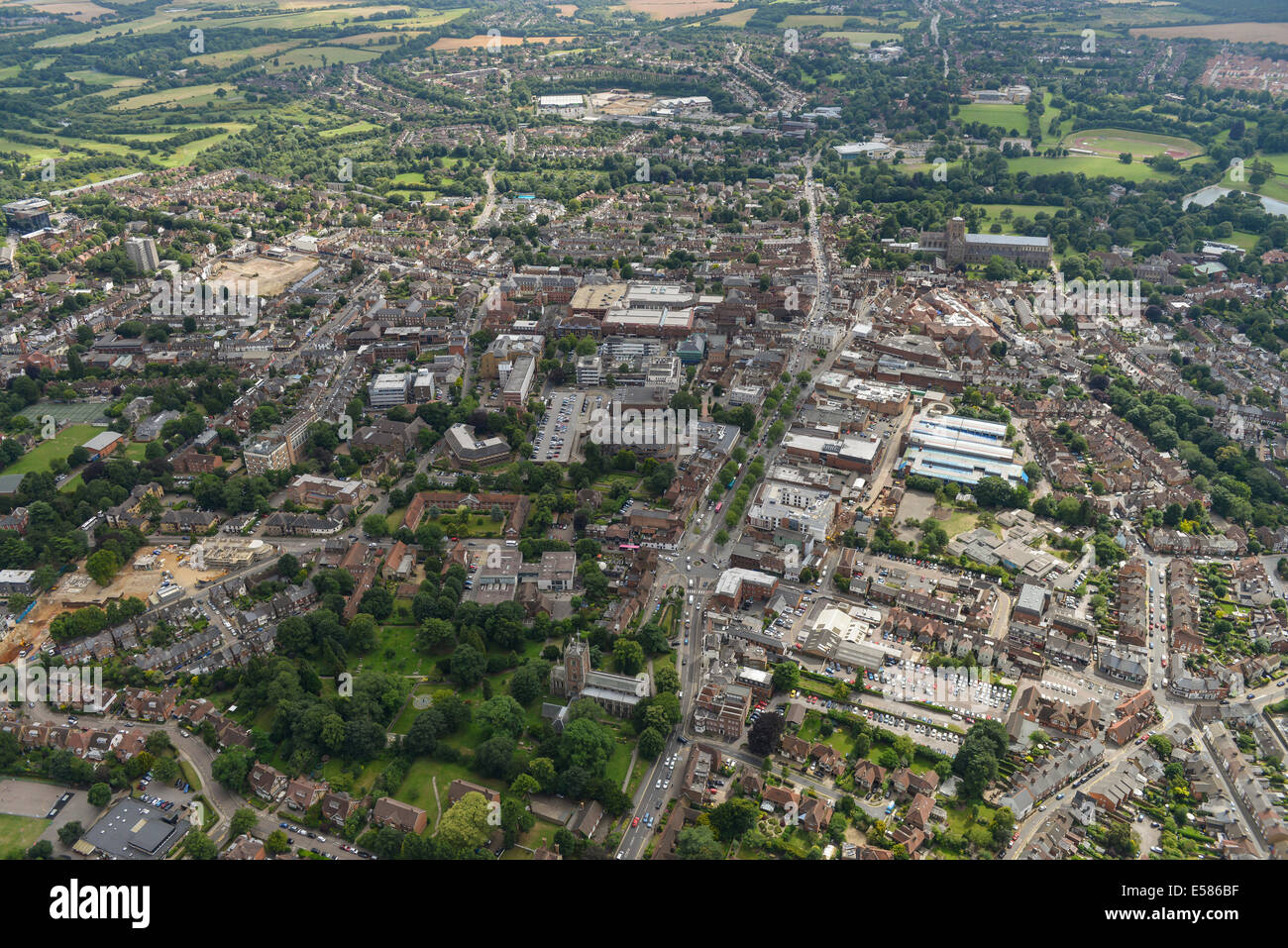 An aerial view showing the town centre of St Albans in Hertfordshire Stock Photo
