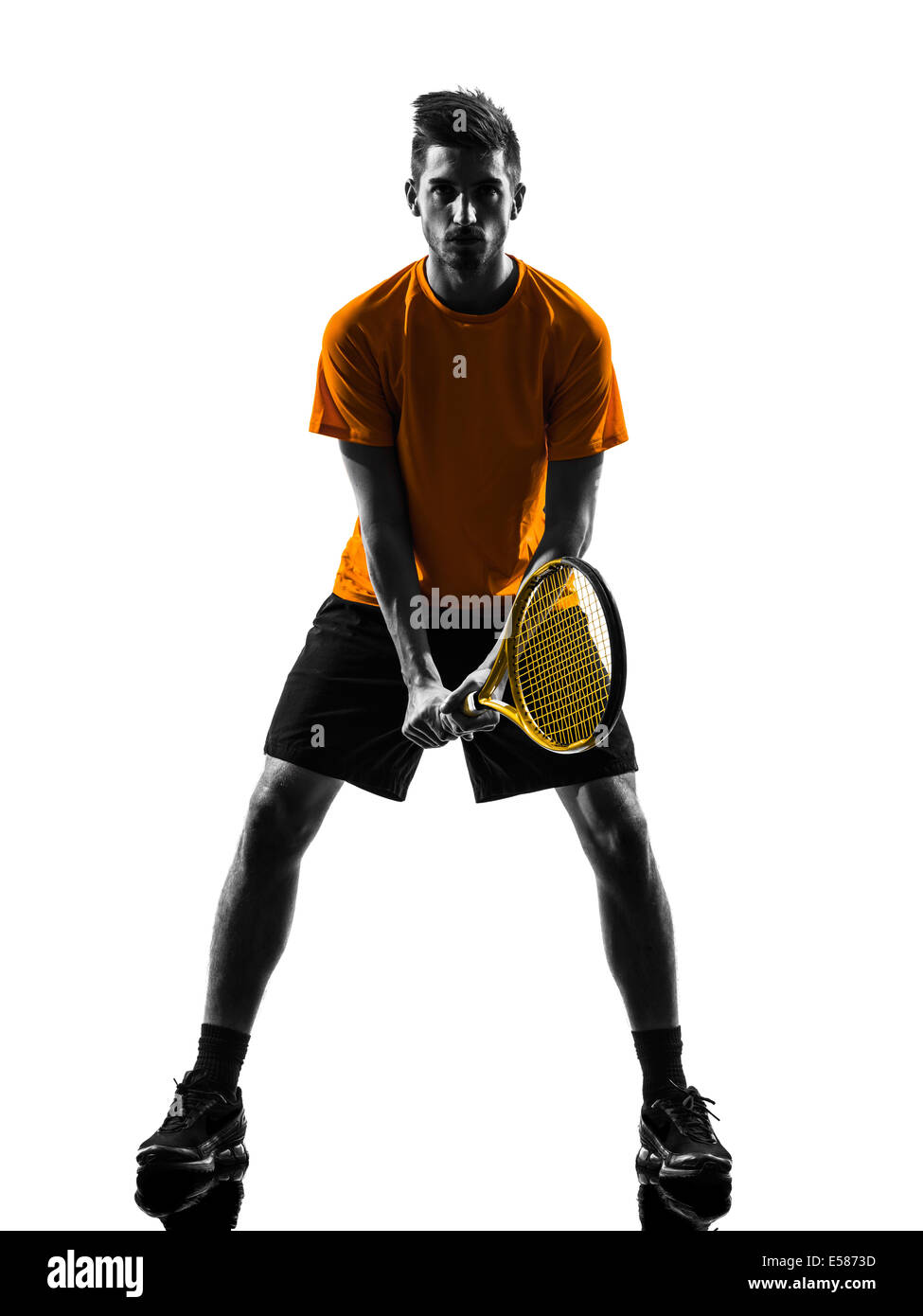 one man tennis player in silhouette on white background Stock Photo