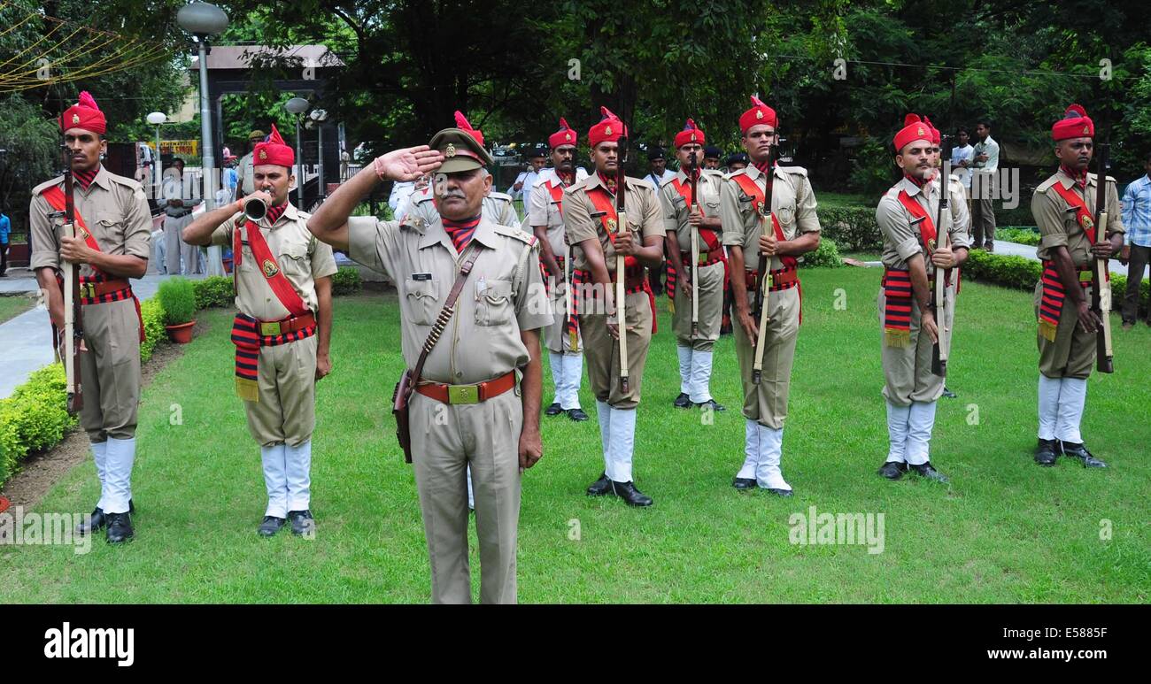 Allahabad India 23rd July 14 The Policeman Salute To Honour To Freedom Fighter Chandra Shekhar Azad On His 109th Birthday Anniversary At Azad Park In Allahabad Azad Is Known As The