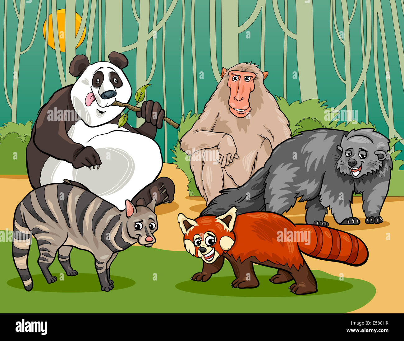 Cartoon Illustrations of Funny Asian Mammals Animals Characters Group Stock Photo