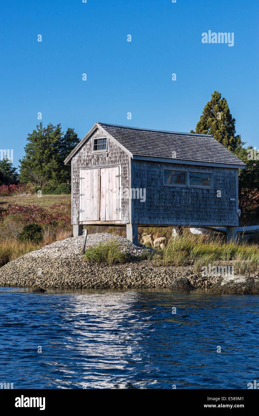 Boathouse on salt pond, Chilmark, Martha's Vineyard, Massachusetts, USA Stock Photo