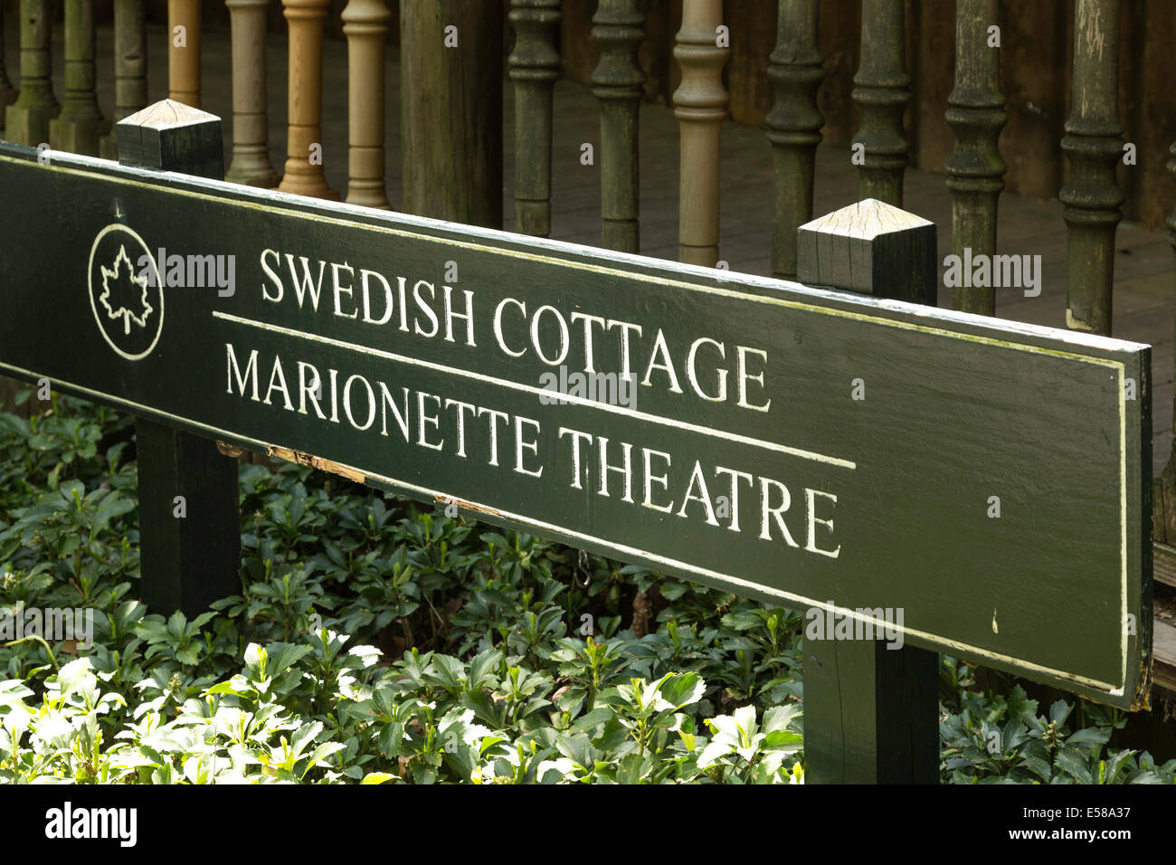 Swedish Cottage Marionette Theatre Sign in Central Park, NYC, USA Stock Photo