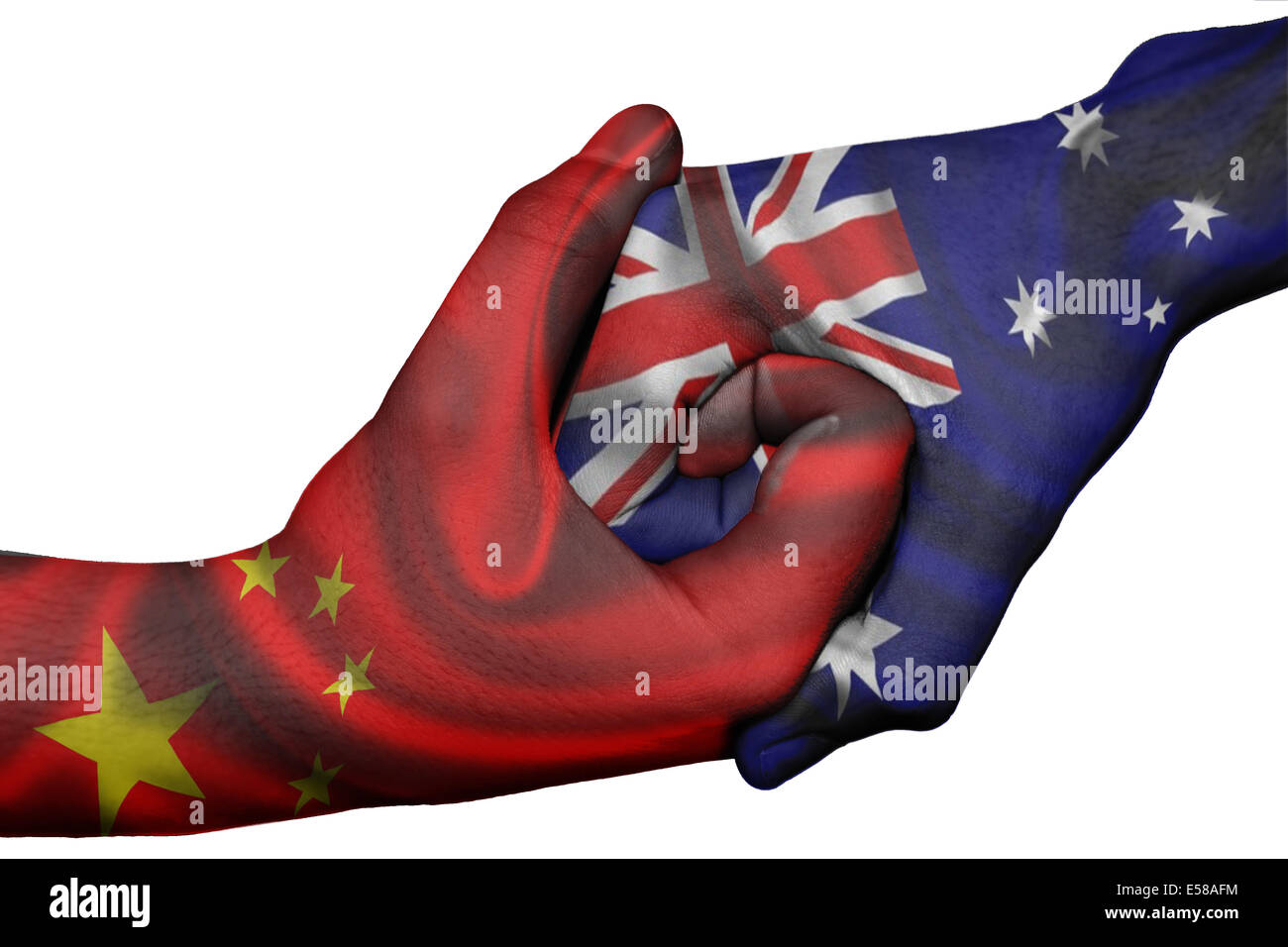 Diplomatic handshake between countries: flags of China and Australia overprinted the two hands Stock Photo