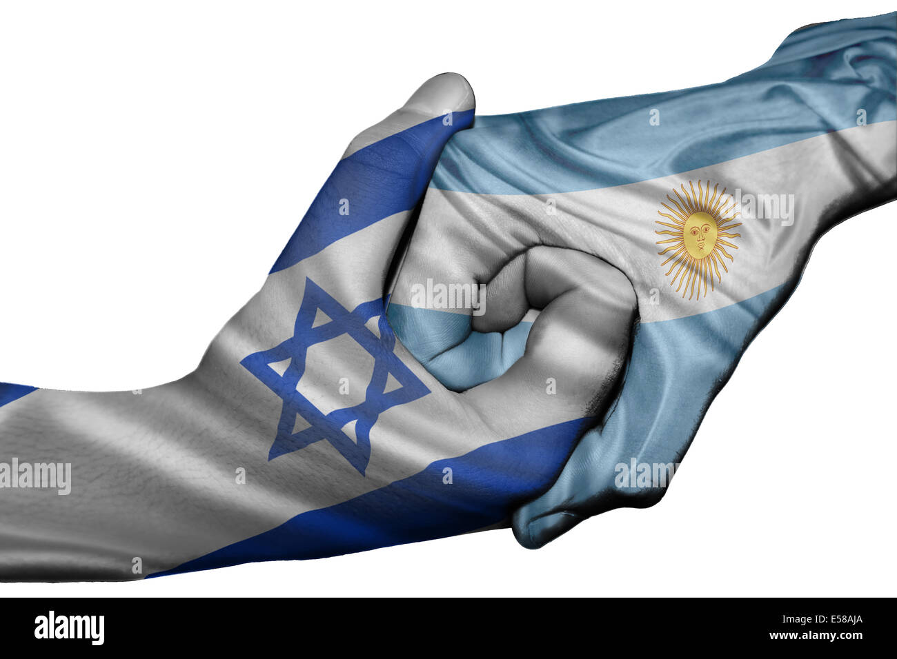 Diplomatic handshake between countries: flags of Israel and Argentina overprinted the two hands Stock Photo