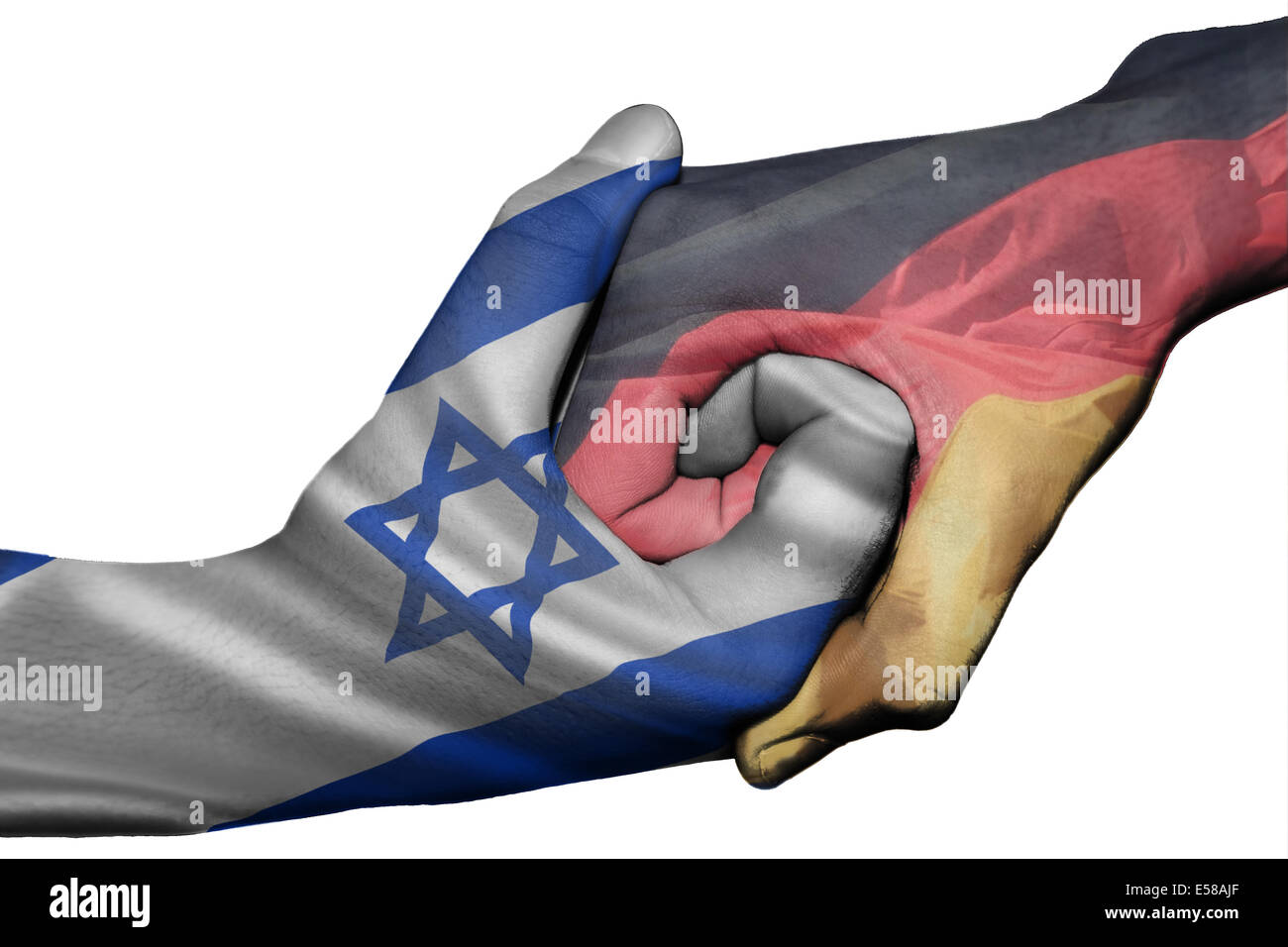 Diplomatic handshake between countries: flags of Israel and Germany overprinted the two hands Stock Photo