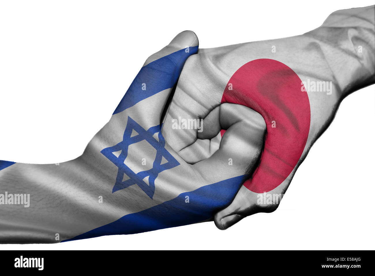 Diplomatic handshake between countries: flags of Israel and Japan overprinted the two hands Stock Photo