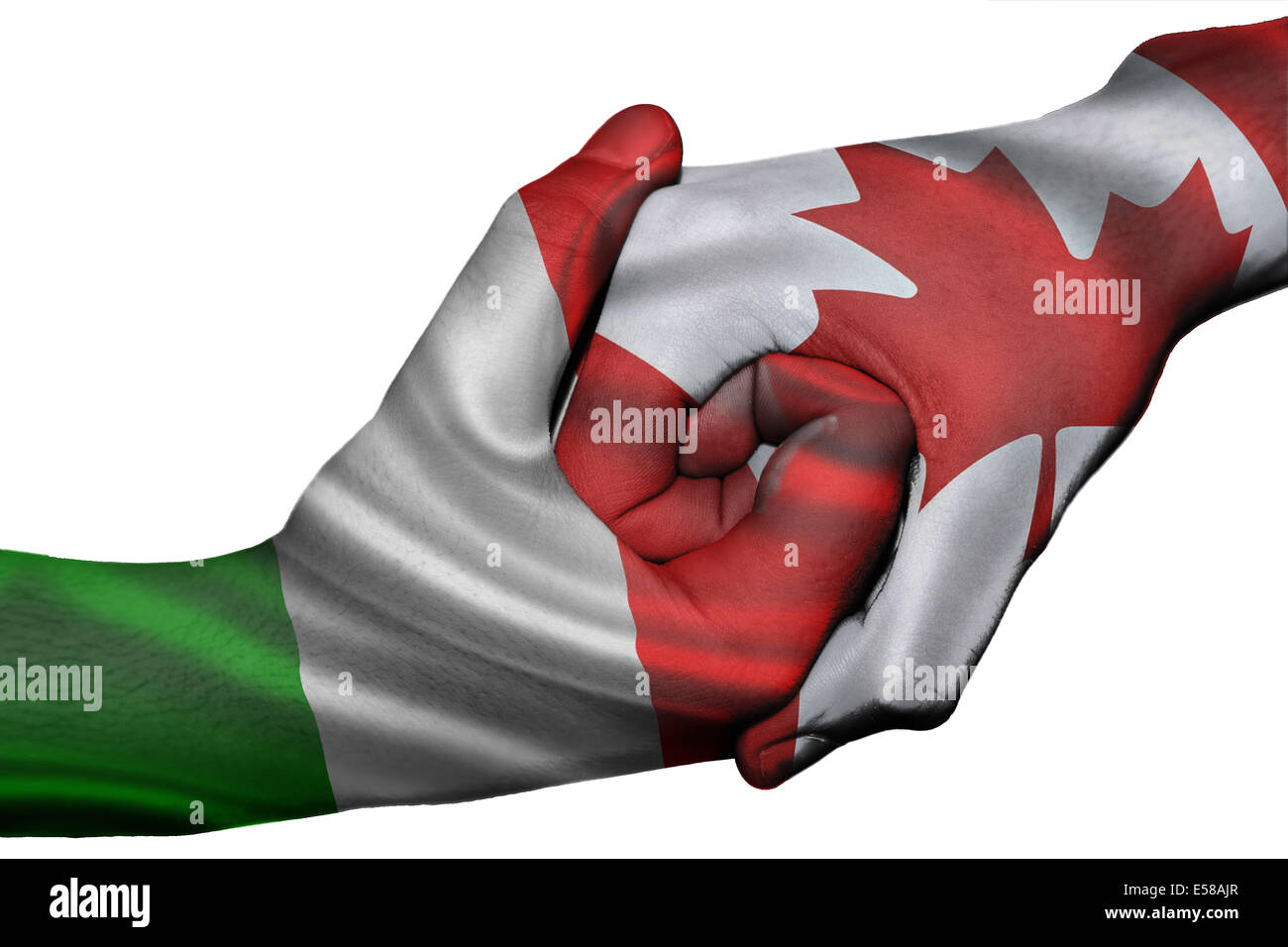 Diplomatic handshake between countries: flags of Italy and Canada overprinted the two hands Stock Photo