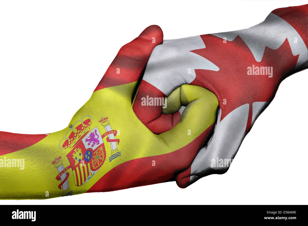 Diplomatic handshake between countries: flags of Spain and Canada overprinted the two hands Stock Photo