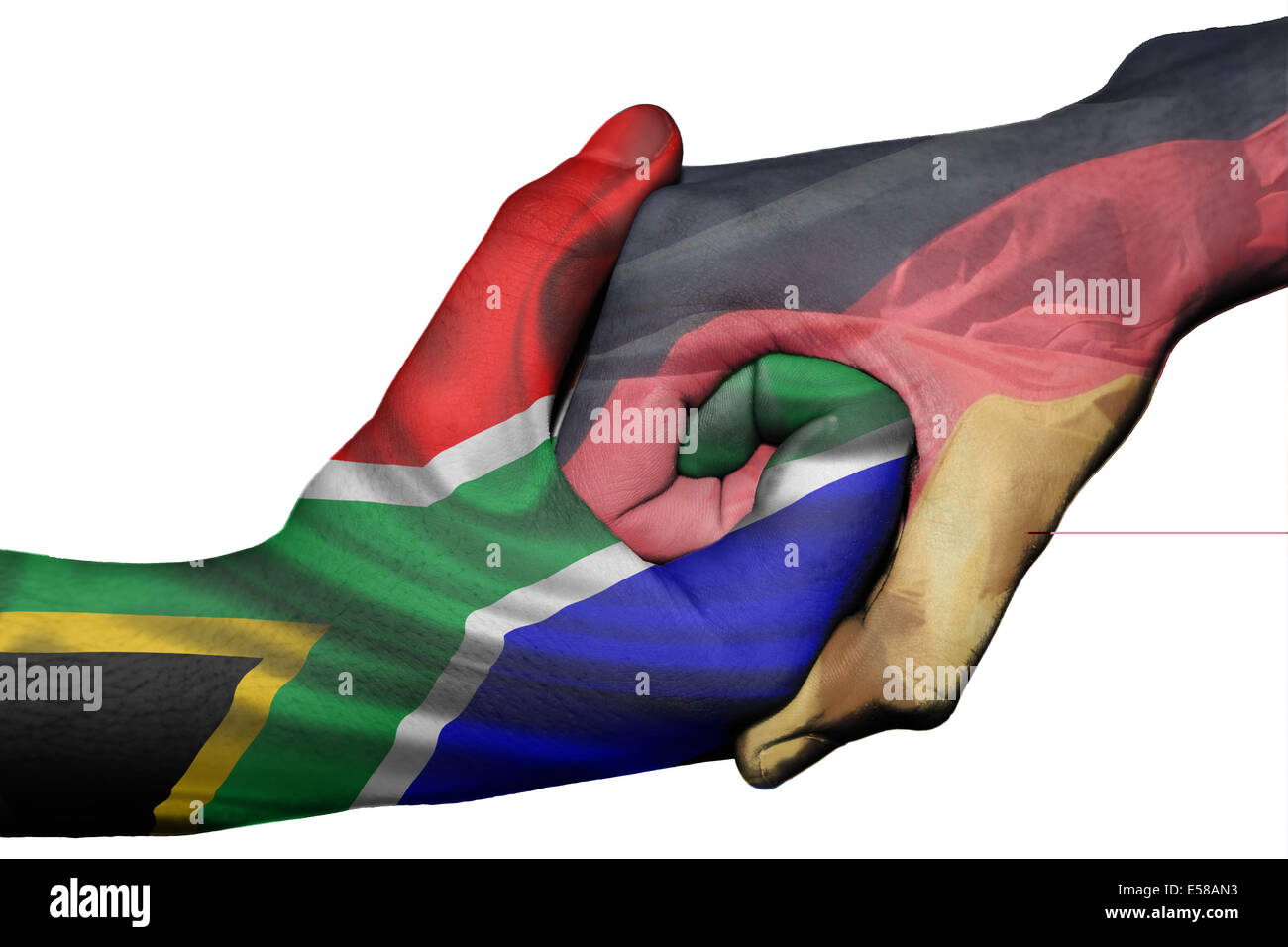 Diplomatic handshake between countries flags of South Africa and Germany overprinted the two