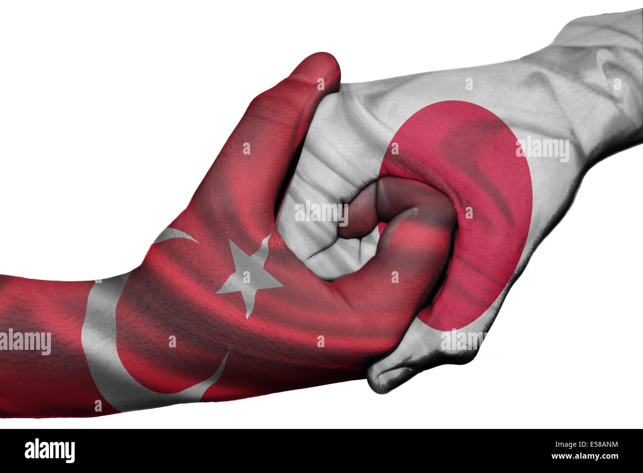 Diplomatic handshake between countries flags of Turkey and Japan