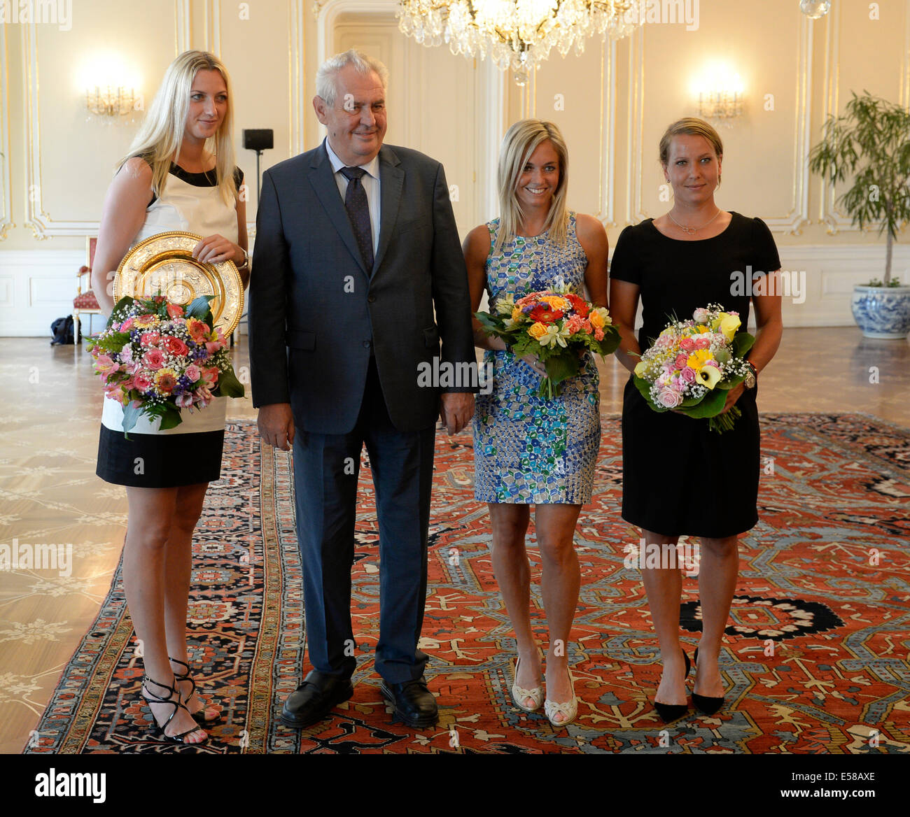 Prague, Czech Republic. 23rd July, 2014. Czech Republic's president Milos Zeman meets double Wimbledon winner Petra Kvitova (left) and tennis players Klara Koukalova and Barbora Zahlavova-Strycova (right) at Prague Castle, Czech Republic, on July 23, 2014. (CTK Photo/Michal Krumphanzl/Alamy Live News) Stock Photo