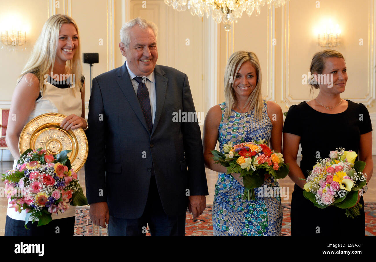 Prague, Czech Republic. 23rd July, 2014. Czech Republic's president Milos Zeman meets double Wimbledon winner Petra Kvitova (left) and tennis players Klara Koukalova and Barbora Zahlavova-Strycova (right) at Prague Castle, Czech Republic, on July 23, 2014. (CTK Photo/Michal Krumphanzl/Alamy Live News) Stock Photo