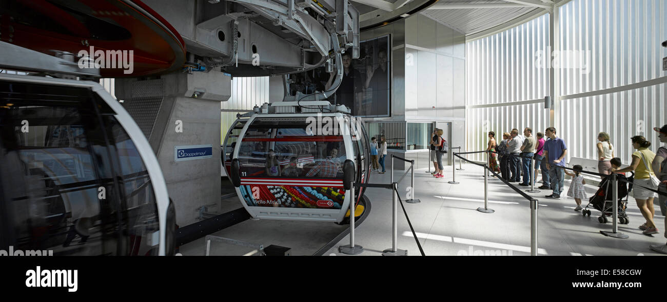 People waiting to board the Thames Cable Car at Greenwich, London Stock