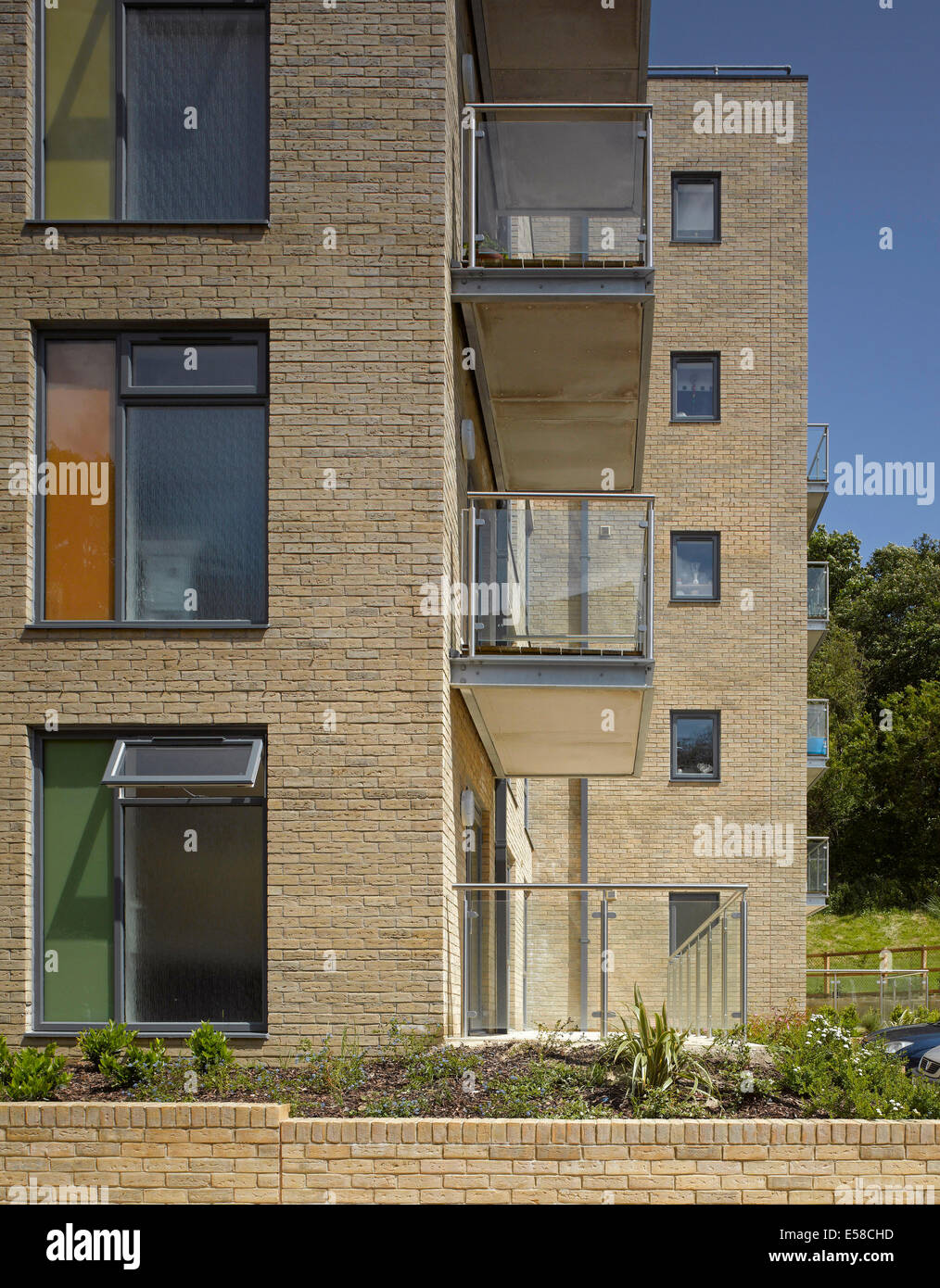 Window and balcony details of Pioneer House, Affinity Housing, Sutton. Stock Photo