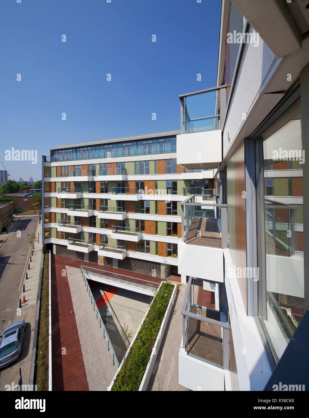 Balcony exteriors at 419 Wick Lane London. New apartments built by Development securities Plc opposite the new Olympic Stadium Stock Photo