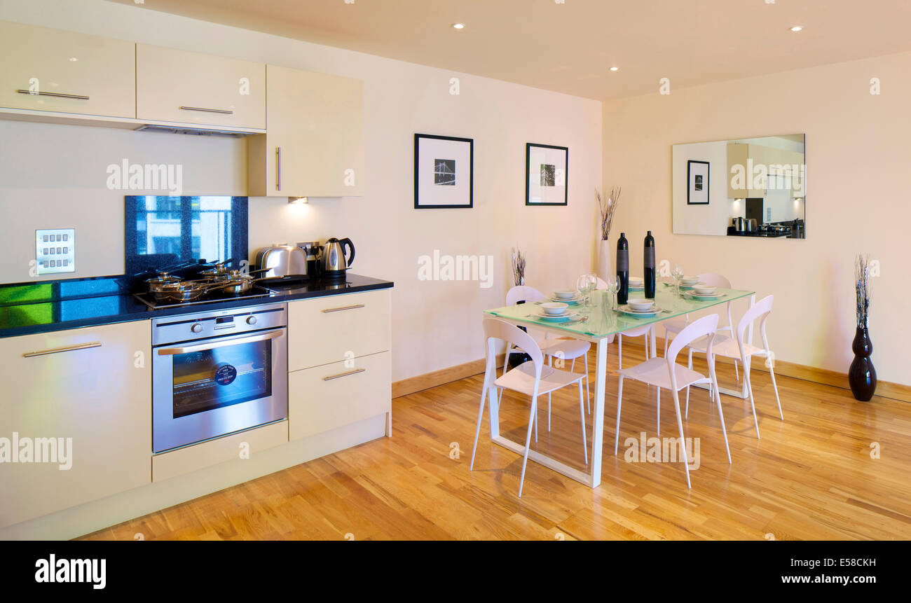 Open plan kitchen and dining area at 419 Wick Lane London. New apartments built by Development securities Plc opposite the new Stock Photo