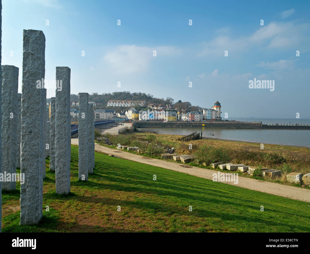 Coastal footpath and pillars in Portishead, Bristol, UK Stock Photo
