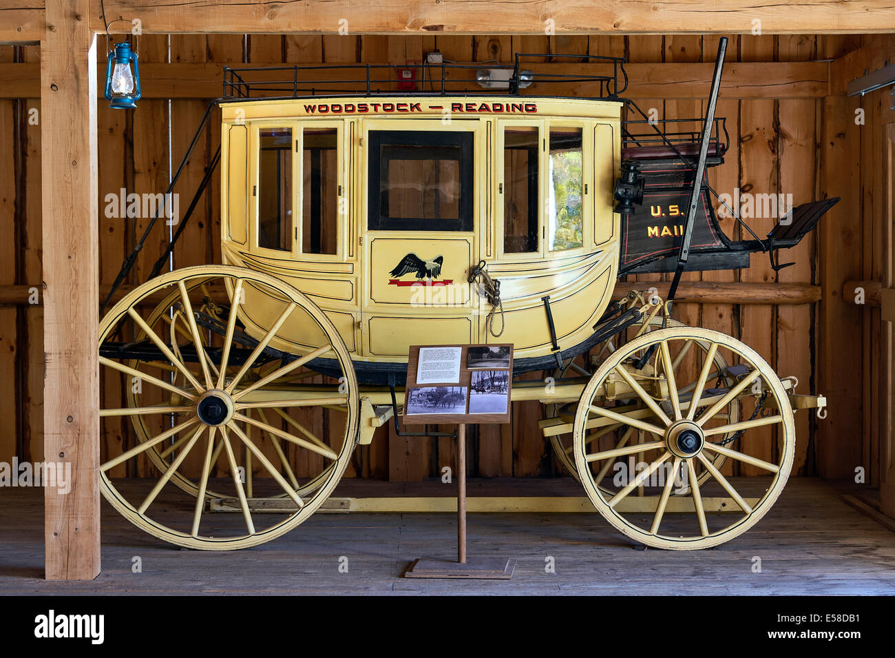 Antique Woodstock to Reading mail carriage, Wilder Barn, Plymouth Notch, Vermont, USA Stock Photo