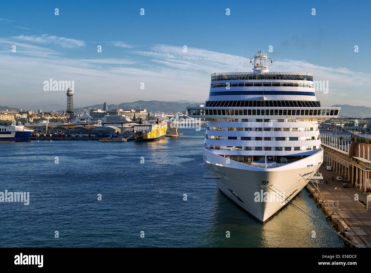 Cruise ship docked in harbor, Barcelona, Spain Stock Photo