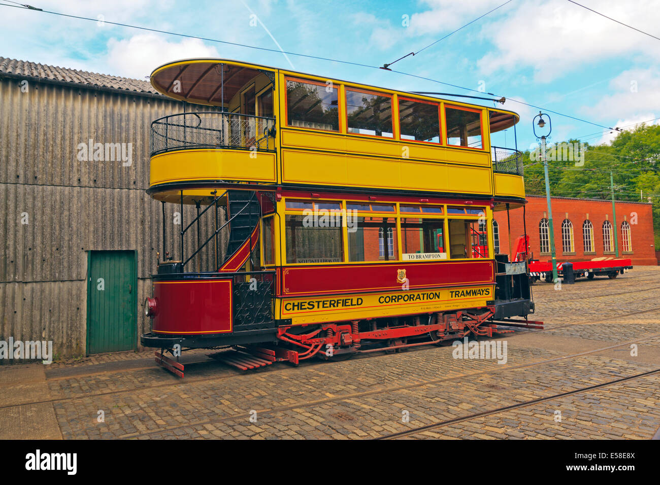 Working Overhead Electric Tram at Crich Tramway Village Stock Photo