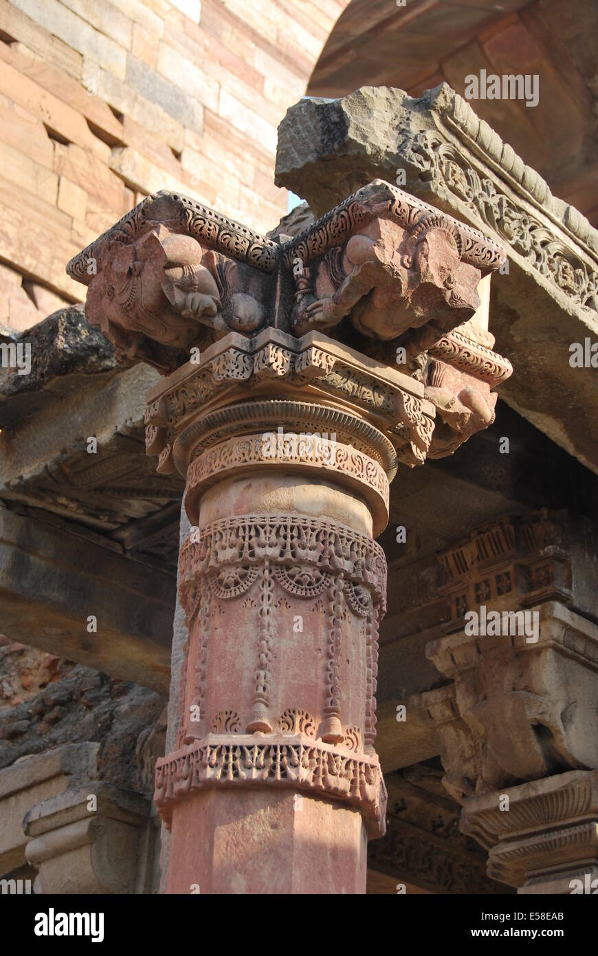 Qutab Minar Mosque, Delhi, India.  The mosque with Hindu ornamentation stolen from Hindu temples. Stock Photo