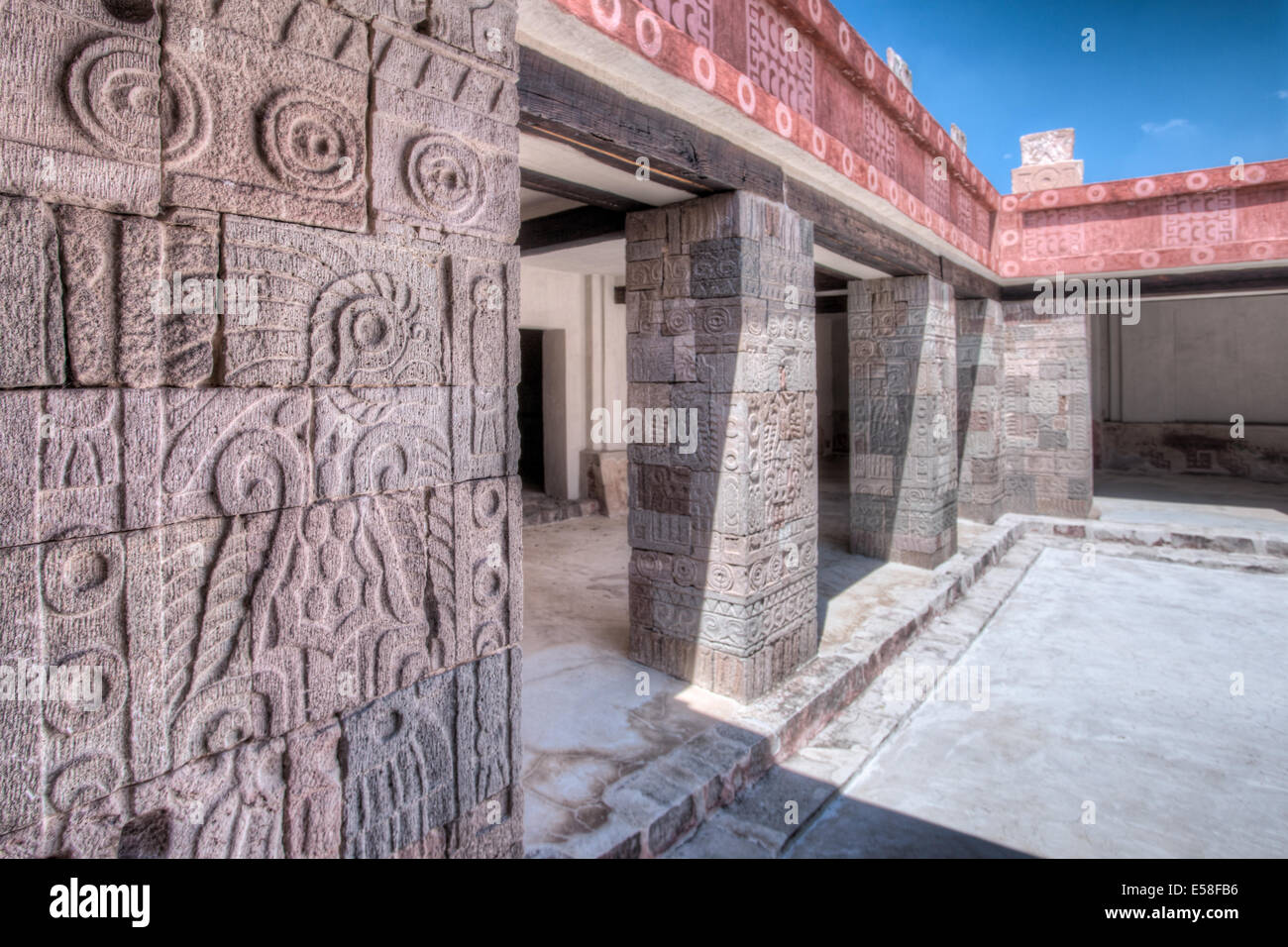 Stone carved pillars line the interior of the Quetzalpapalotl's Palace in Teotihuacan, Mexico. Stock Photo