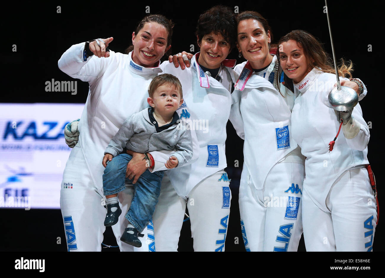 Kazan Russia 23rd July 2014 Italian National Fencing Team Members Mara Navarria With Son Samuel Bianca Del Carretto Francesca Quondamcarlo And Rossella Fiamingo L R Pose For A Group Photo As They Celebrate