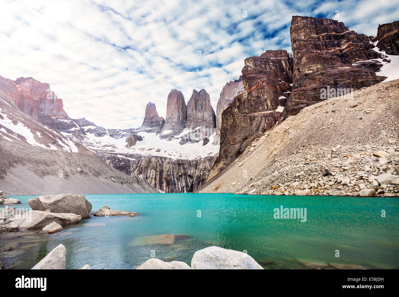 Mountains and lake in Torres del Paine National Park, Patagonia, Chile Stock Photo