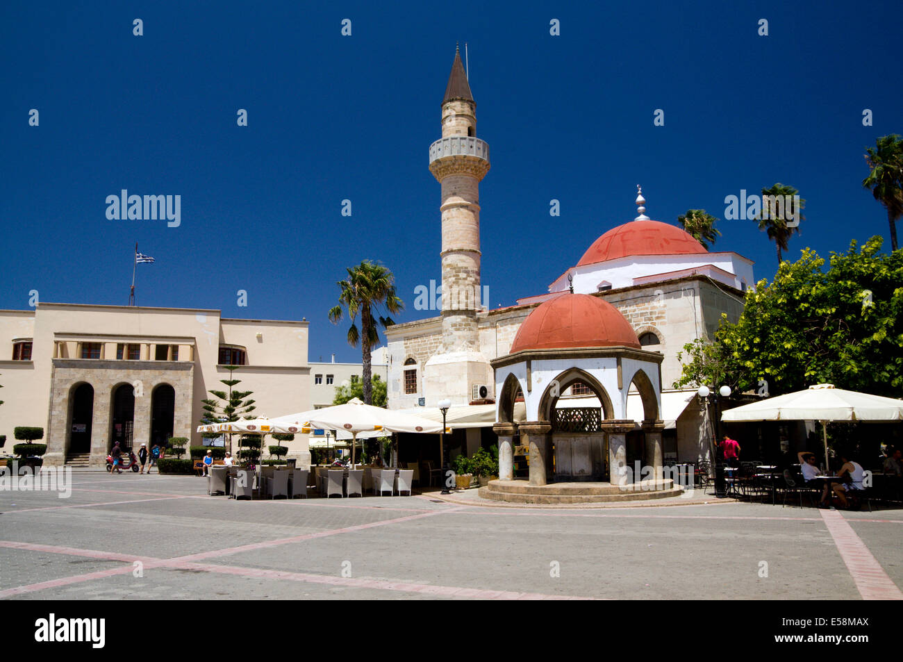 The Defender Mosque a remnant of the Ottoman occupation, Eleftheria Square, Kos Island, Dodecanese Islands, Greece. Stock Photo