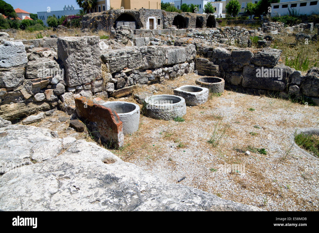 Remains of the Ancient Agora, Kos Town, Kos Island, Dodecanese Islands, Greece. Stock Photo