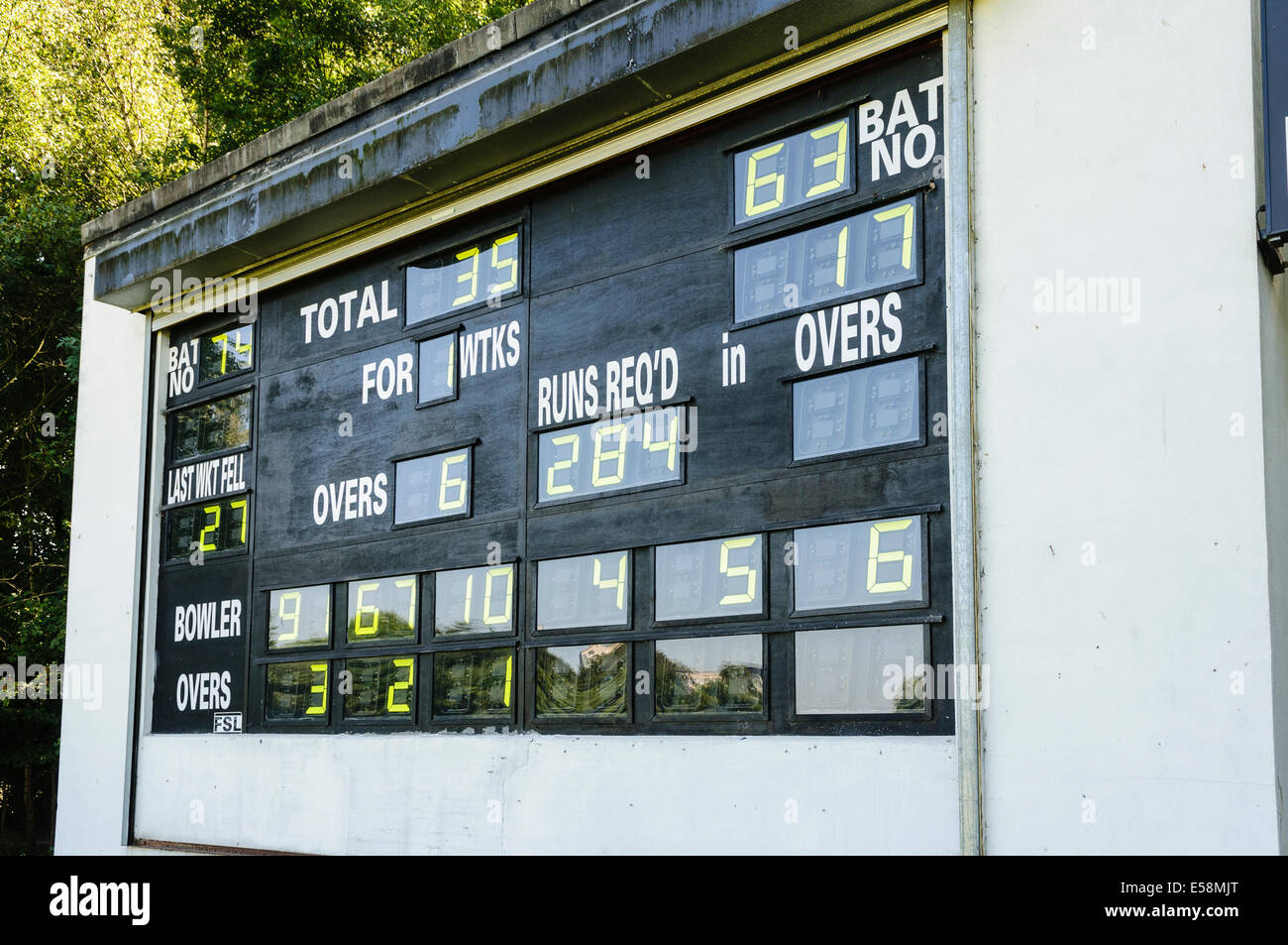 Cricket scoreboard showing the current score and number of overs Credit:  Stephen Barnes/Alamy Live News Stock Photo