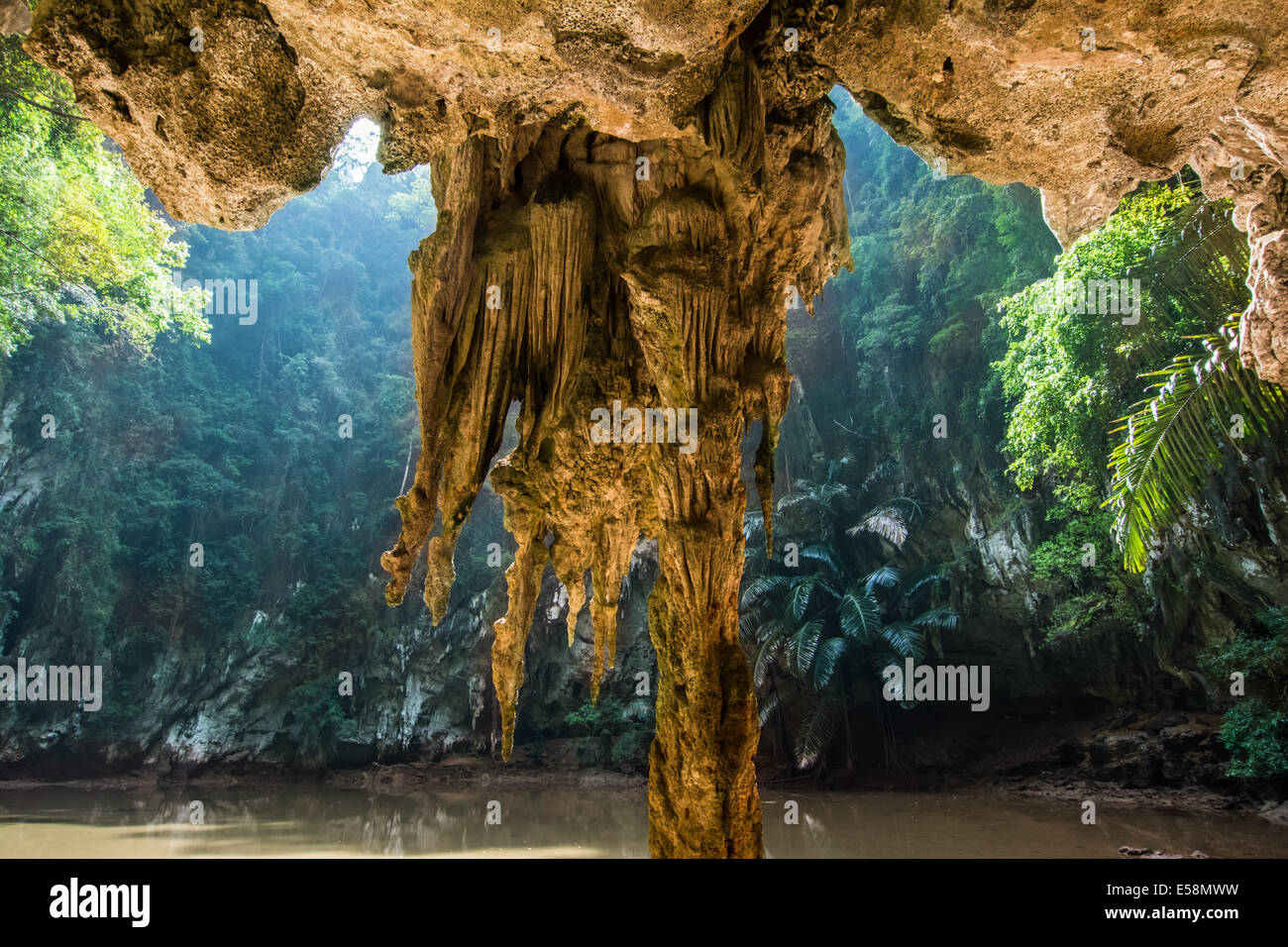 Blue Lagoon is a hidden lagoon surrounded by karst cliff and lush tropical vegetation in Railey beach, Krabi, Thailand Stock Photo