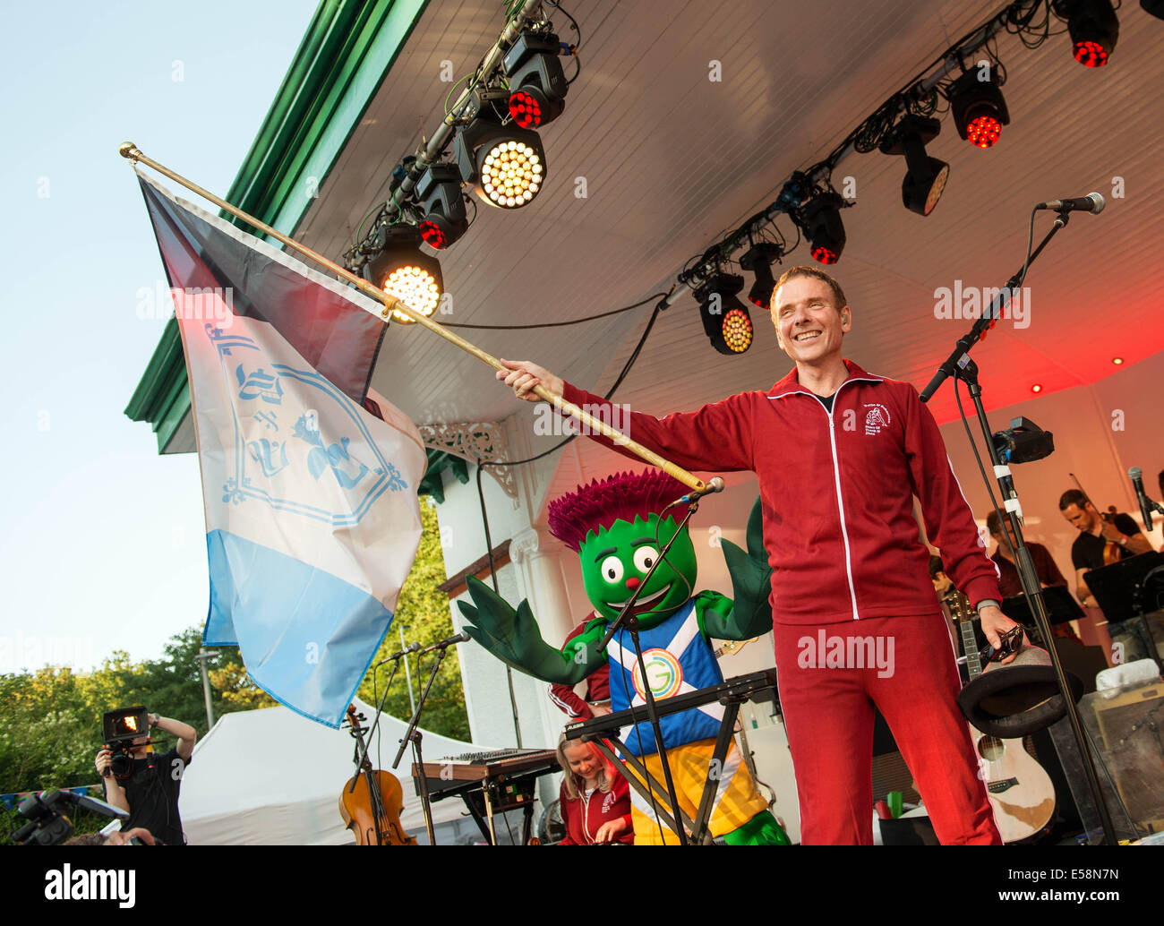 Glasgow, Scotland, UK. 23rd July, 2014. Stuart Murdoch of Belle and Sebastian performs at the kelvingrove bandstand as part of opening celebrations of the Glasgow Commonwealth Games 2014. Glasgow Scotland July 23rd. Credit:  Sam Kovak/Alamy Live News Stock Photo