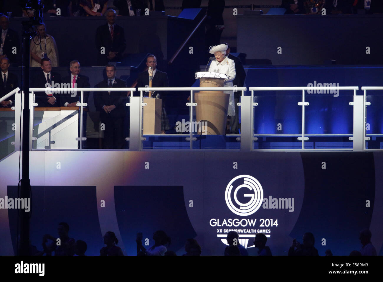 Celtic Park, Glasgow, Scotland, UK, Wednesday, 23rd July, 2014. Her Majesty Queen Elizabeth II reading a speech at the Glasgow 2014 Commonwealth Games Opening Ceremony Stock Photo