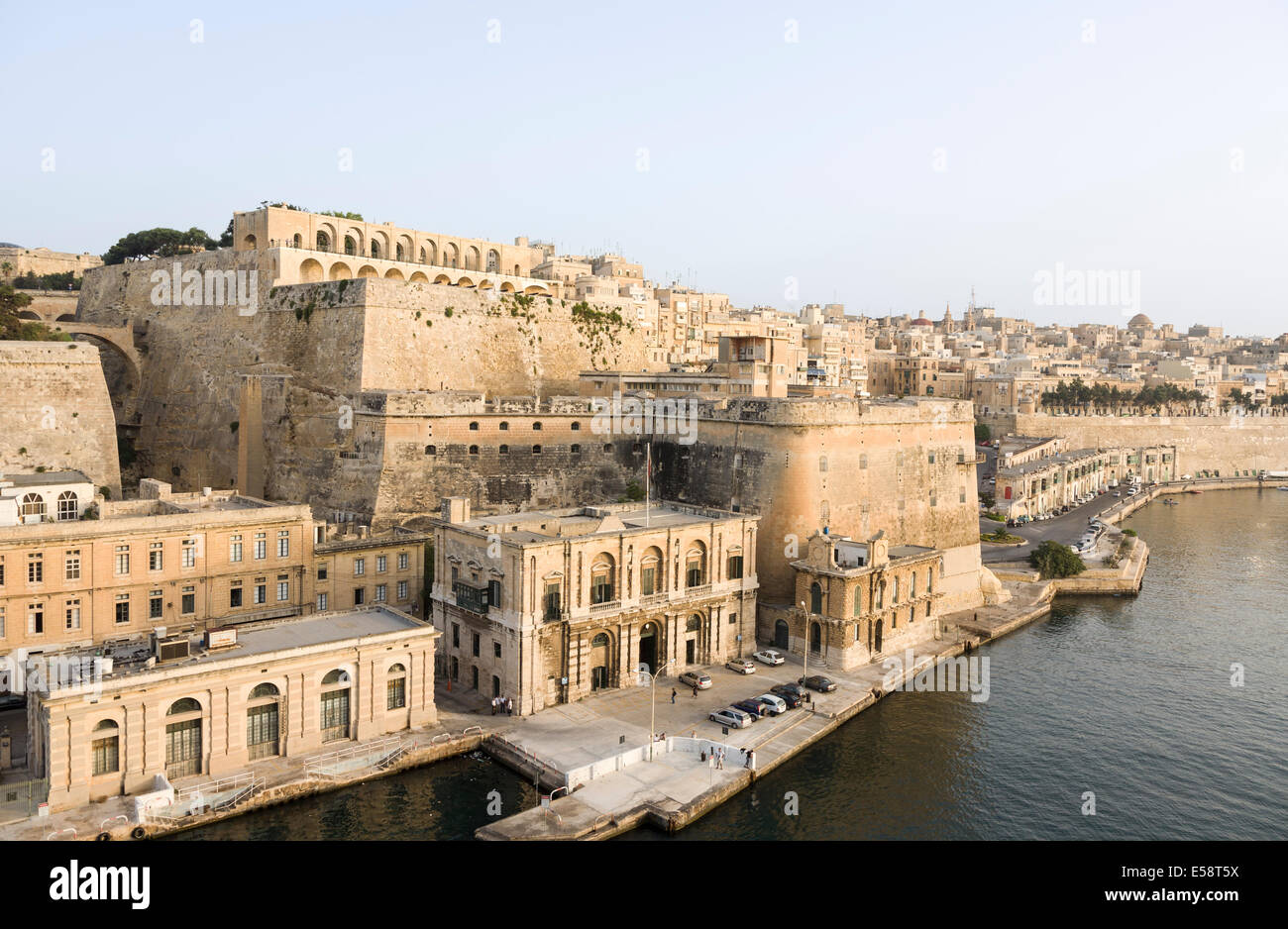 Valletta historical seafront, Malta - waterside at the entrance to the Grand Harbour Stock Photo